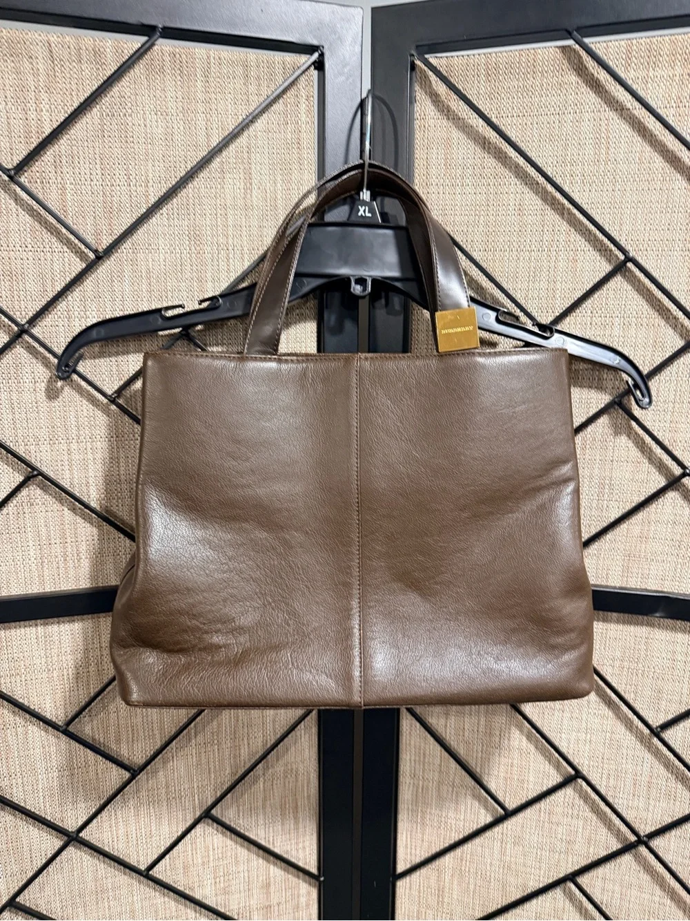 Burberry Chocolate Brown Leather Checkered Handbag Tote w/ Gold Accent